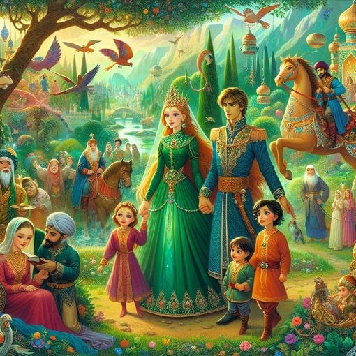 A whimsical fantasy landscape featuring characters reminiscent of a vibrant, storybook world filled with diverse characters and lush scenery, representing various traits and themes like royalty, family, and adventure.