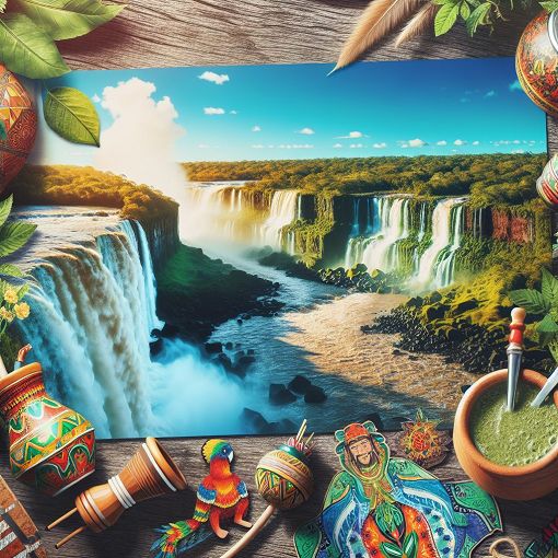 A vibrant and colorful illustration depicting the culture and landscapes of Argentina, featuring mate tea, Iguazu Falls, and traditional festive decorations.