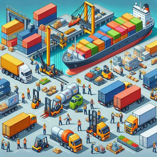 A detailed illustration of a logistics and cargo shipping scene, featuring containers, trucks, and ships with diverse transport methods and cargo types, emphasizing cargo handling and compliance procedures in logistics.