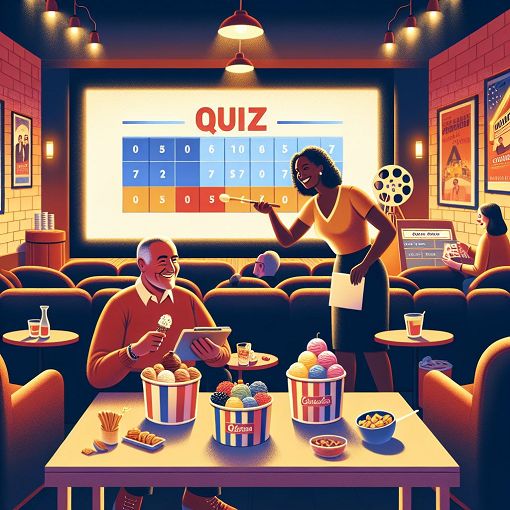 Create a vibrant, engaging illustration of a fun quiz atmosphere that includes elements like ice cream, movies, and a cozy setting that reflects personal preferences and evening relaxation.