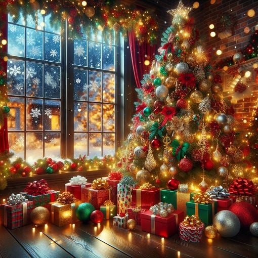 A festive Christmas scene with a decorated tree, gifts, and snowflakes, capturing the holiday spirit, vibrant colors