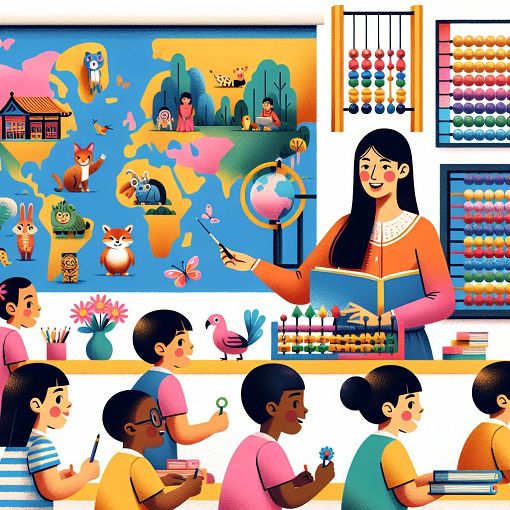 Create an educational illustration featuring various nouns such as people, places, animals, and objects, with vibrant colors and engaging elements suitable for a children's learning environment.