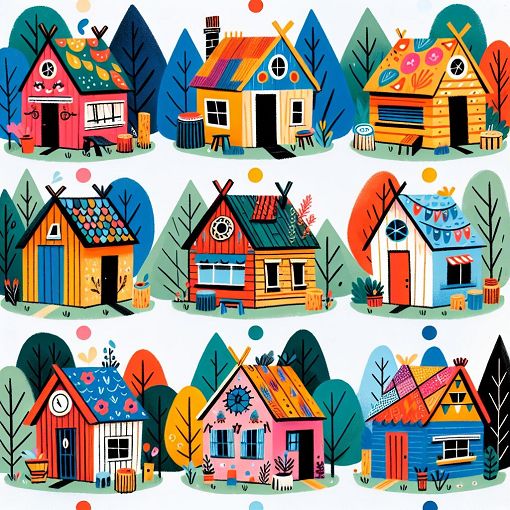 A whimsical illustration of different cabins in a forest setting, each representing a unique personality type with vibrant colors and playful elements.