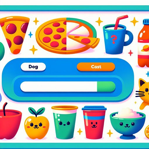 An illustration of a colorful quiz interface with fun icons representing favorite foods, drinks, and pets.