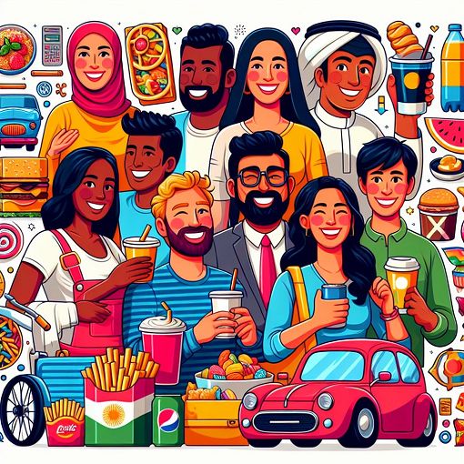 A vibrant and playful illustration depicting various elements that represent happiness, friendship, and personal preferences, including snacks, drinks, and cars, in a colorful layout.