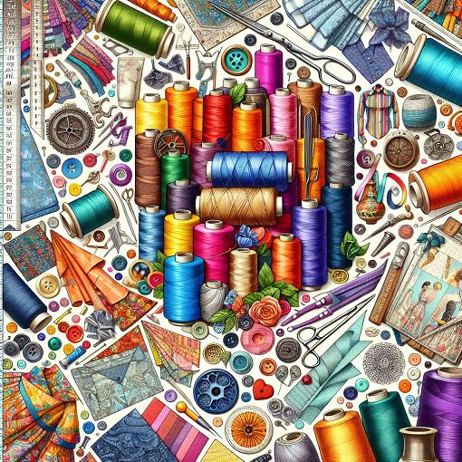 A colorful collage of sewing tools, fabric swatches, and fashion illustrations, showcasing the world of textiles and clothing design.