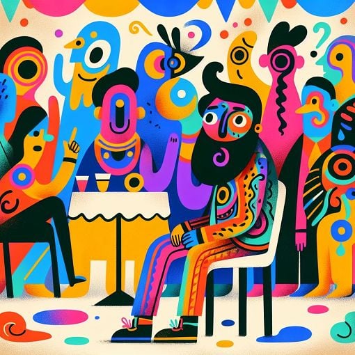 A whimsical illustration of a quirky character sitting alone at a party surrounded by vibrant but chaotic elements, representing unique personalities and humorous interpretations of social interactions.