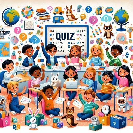 A colorful illustration of a fun quiz environment with children learning, animals, educational elements, and various trivia themes.