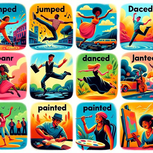 A colorful illustration depicting various verbs in their past tense forms, showcasing the action and context in a dynamic style.