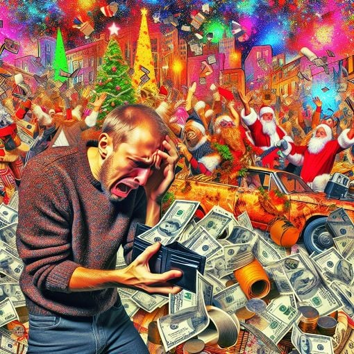 Create a vibrant image of a man looking distressed while holding an empty wallet, surrounded by bills and a broken car, with a background of a festive party scene.