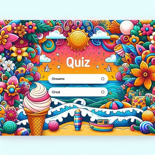 Create an illustration of a colorful and quirky quiz landing page with playful elements like ice cream, beaches, and flowers. Include a fun, inviting atmosphere with illustrations of quiz questions in a vibrant style.