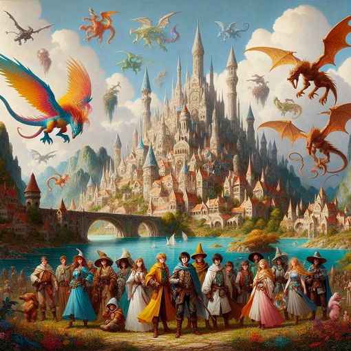 A whimsical illustration of Hogwarts with magical creatures and characters from Harry Potter, vibrant colors, enchanted atmosphere