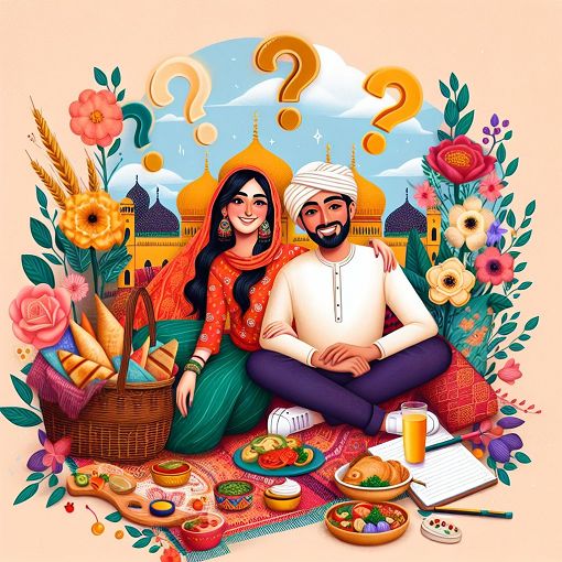 A vibrant and colorful image featuring a romantic setting with a couple enjoying a picnic, floral arrangements, and elements of a quiz environment such as question marks and a notepad.