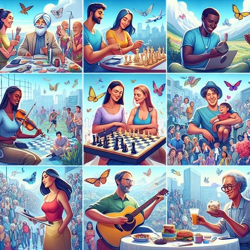 A colorful and engaging graphic featuring diverse groups of people in fun and exaggerated scenarios, reflecting different personalities and activities related to sharing personalities and potential achievements.