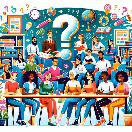 A vibrant and colorful illustration featuring diverse people engaging in a quiz game, surrounded by books, globes, and question marks, symbolizing knowledge and learning.