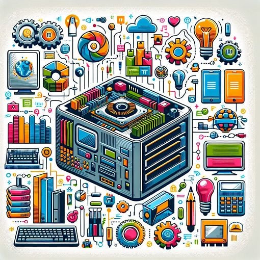 A colorful illustration of a computer system unit showcasing its internal components like CPU, RAM, and Hard Disk, surrounded by educational icons representing technology and learning.