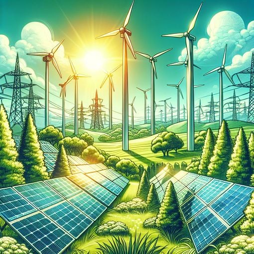 A vibrant illustration of renewable energy sources such as solar panels, wind turbines, and lush green trees, depicting a harmonious relationship between nature and technology.