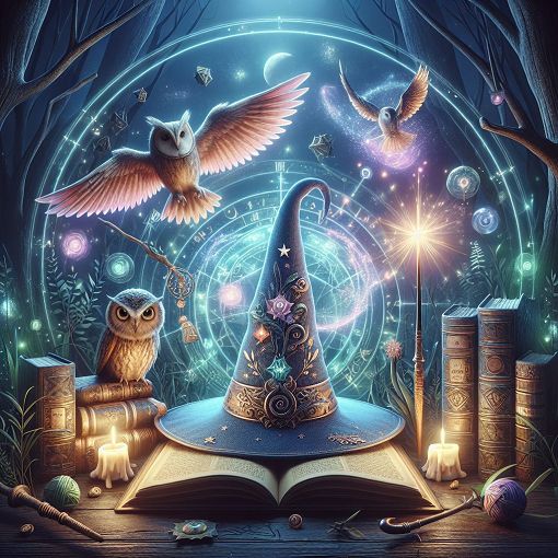 Create a magical and whimsical fantasy-themed illustration featuring a wizard's hat, a glowing wand, and a few Harry Potter-themed elements like owls and books, in a mystical setting.