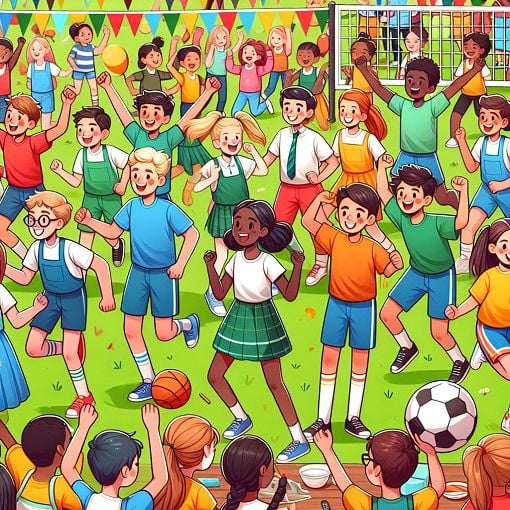 Generate an image of a group of enthusiastic Year 8 students participating in various sports and outdoor activities at a school event, with bright colors and a vibrant atmosphere.