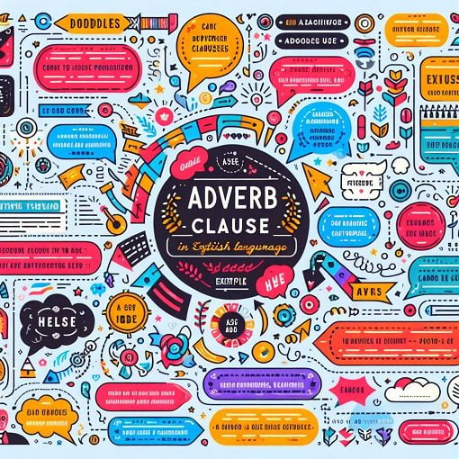 A brightly colored infographic depicting various adverb clauses in English, with examples and engaging visuals to illustrate their uses.