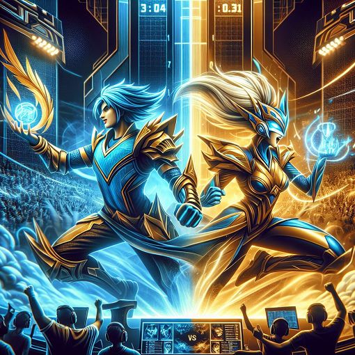 A vibrant digital artwork capturing elements of competitive gaming, featuring two stylized characters representing Acno and Gold in an action-packed game environment, with a scoreboard and cheering fans in the background.