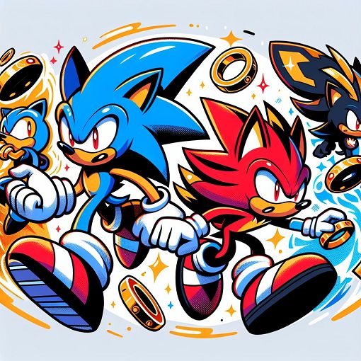 A colorful and dynamic illustration combining elements of iconic Sonic the Hedgehog characters, featuring Sonic, Tails, Knuckles, and Shadow in an action-packed scene with rings and emeralds, in a playful and cartoonish style.