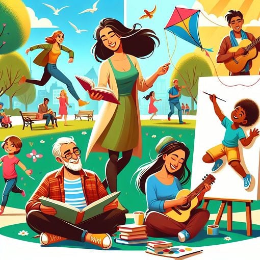 A whimsical and colorful illustration of diverse characters interacting playfully, with elements representing hobbies and personality traits, in a vibrant setting with cartoon-style design.