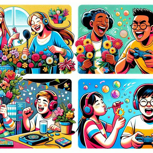 A colorful and whimsical illustration of a diverse family gathering, showcasing different personalities and activities such as gardening, parties, and video gaming.