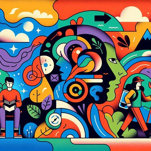 A whimsical illustration of two contrasting characters, one introverted and thoughtful, the other vibrant and adventurous, set against a colorful backdrop of abstract shapes and symbols representing their personalities.