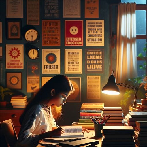 Generate an image of a cozy home learning environment, with a student studying at a desk, surrounded by books, and a serene atmosphere, including soft lighting and motivational posters.