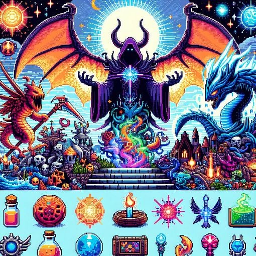 A vibrant and colorful digital artwork capturing elements of the game Terraria, featuring pixelated landscapes, various bosses like the Moon Lord and Fishron, and iconic in-game items like health potions and the Soul Scythe.