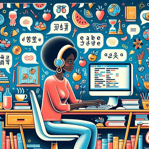 Create an engaging and colorful illustration of a person taking a quiz at a computer, surrounded by symbols representing food, languages, and books.