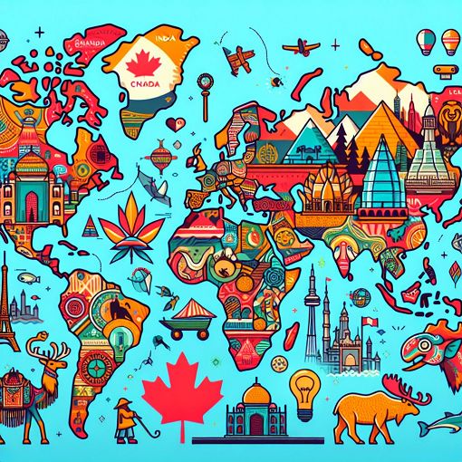 A colorful world map with various landmarks, animals, and cultural symbols from different countries, emphasizing diversity and global awareness.