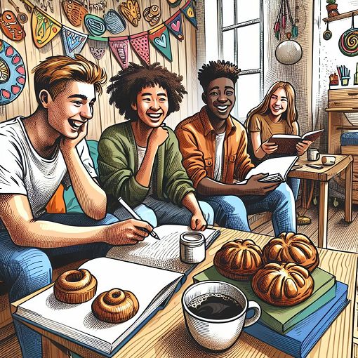 Create an image of a cozy college dorm room adorned with various quirky decorations, a coffee cup and baked goods on the table, and a group of diverse students laughing and having a good time together.