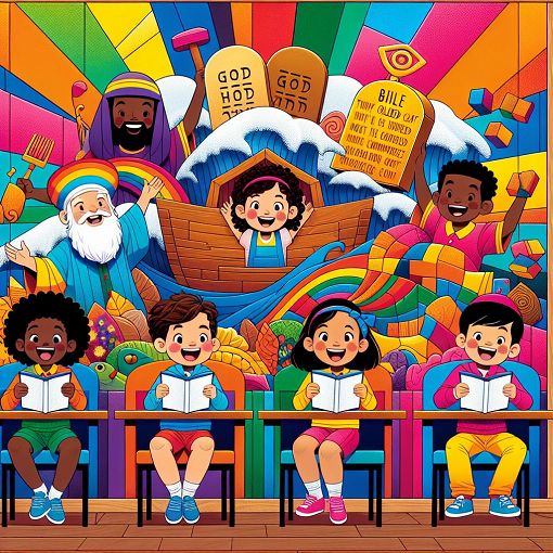 Create an image of children joyfully participating in a Bible quiz competition, with a colorful backdrop representing elements from various Bible stories such as Noah's Ark, the Ten Commandments, and the coat of many colors.