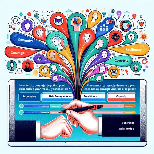 Generate an image of a friendly quiz interface with multiple-choice questions and thought bubbles, showcasing personality traits and relationships.