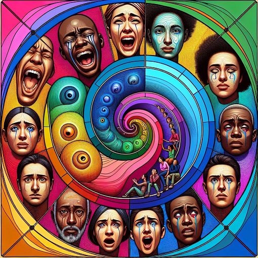 A visually engaging illustration representing emotions and psychology, featuring diverse human faces showing various emotions within a colorful spiral or circumplex model of feelings.