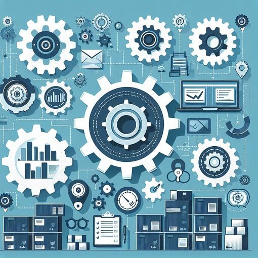 A visually appealing illustration representing operational and supply chain management concepts, featuring elements like gears, flowcharts, and inventory stacks, in a professional and educational style.