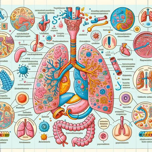 A high-detail diagram of the human respiratory system, illustrating gas exchange, lung structure, and common respiratory diseases, colorful, educational