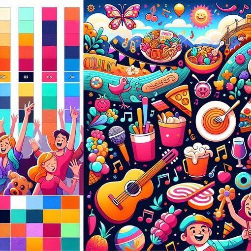 Generate an image of a colorful and whimsical quiz with elements representing pop culture, food, and music, featuring playful characters and a vibrant background.