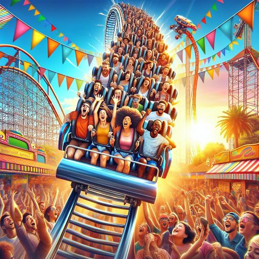 A vibrant image of a thrilling rollercoaster in motion, with riders screaming in excitement amidst a sunny theme park backdrop.