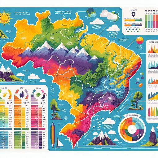 A colorful map of Brazil highlighting its regions, featuring mountains, valleys, and climate zones, with educational elements around geography.