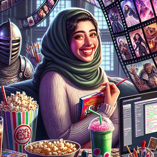 Create an illustration of a young woman smiling, surrounded by film reels, snacks, and colorful characters, representing various interests and hobbies.