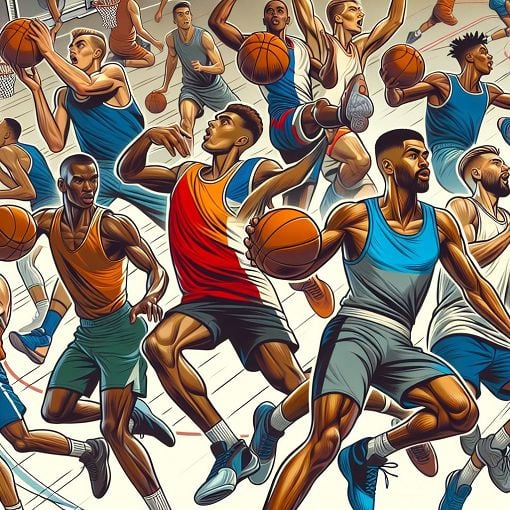 A vibrant and dynamic illustration of various NBA players in action on the basketball court, with jerseys and basketballs, showcasing a sense of excitement and competition.