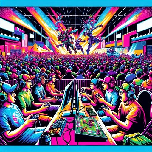 A vibrant and colorful illustration of a gaming tournament scene featuring competitive players animatedly playing Super Smash Bros. with cheering fans in a Michigan venue.