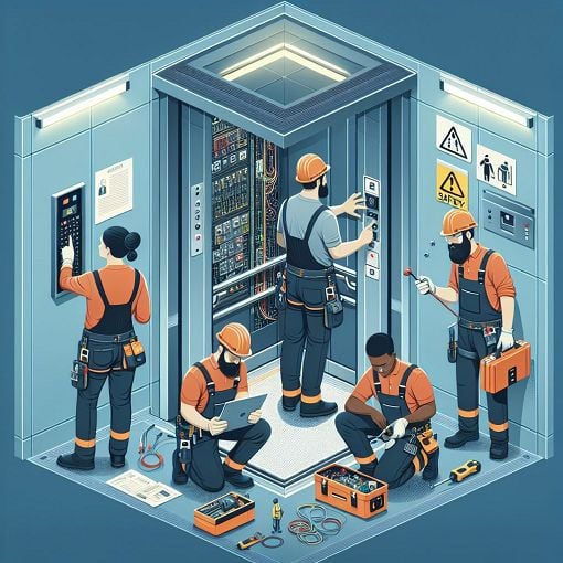 A professional-looking image depicting elevator safety checks, mechanical systems, and maintenance procedures in a modern elevator installation environment.