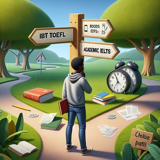 An image depicting a person contemplating between two paths with books and academic symbols, symbolizing the choice between IBT TOEFL and Academic IELTS.