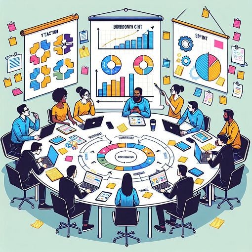 A visually engaging illustration representing Agile and Scrum methodologies, showcasing teamwork, sprint cycles, and software development concepts such as burndown charts and iterative processes.