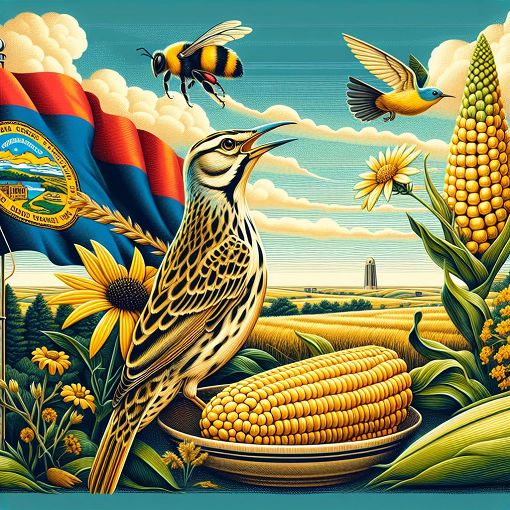 A colorful illustration representing Nebraska's state symbols, featuring a Western Meadowlark, Honey Bee, Cottonwood Tree, Goldenrod flower, and a plate of corn. The background showcases Nebraska's landscape with rolling hills and the state flag.