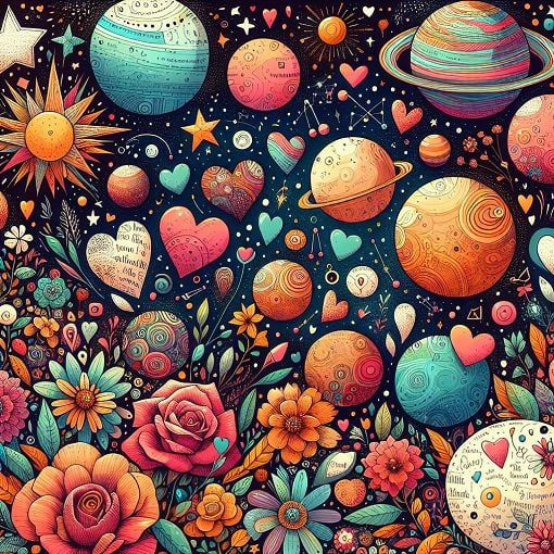 A whimsical illustration of planets, flowers, and relationship symbols showcasing various romantic themes and elements, vibrant and colorful.